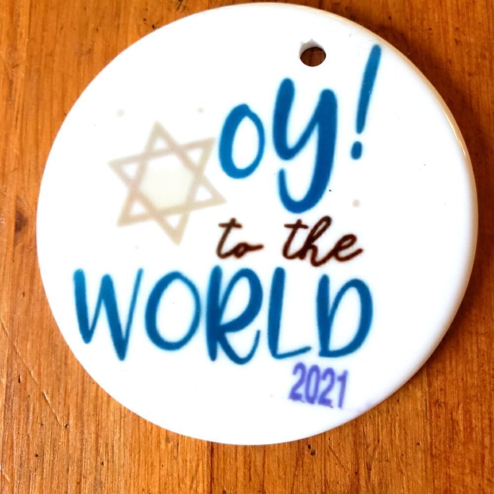 Oy to the world, 3 inch white ceramic ornament